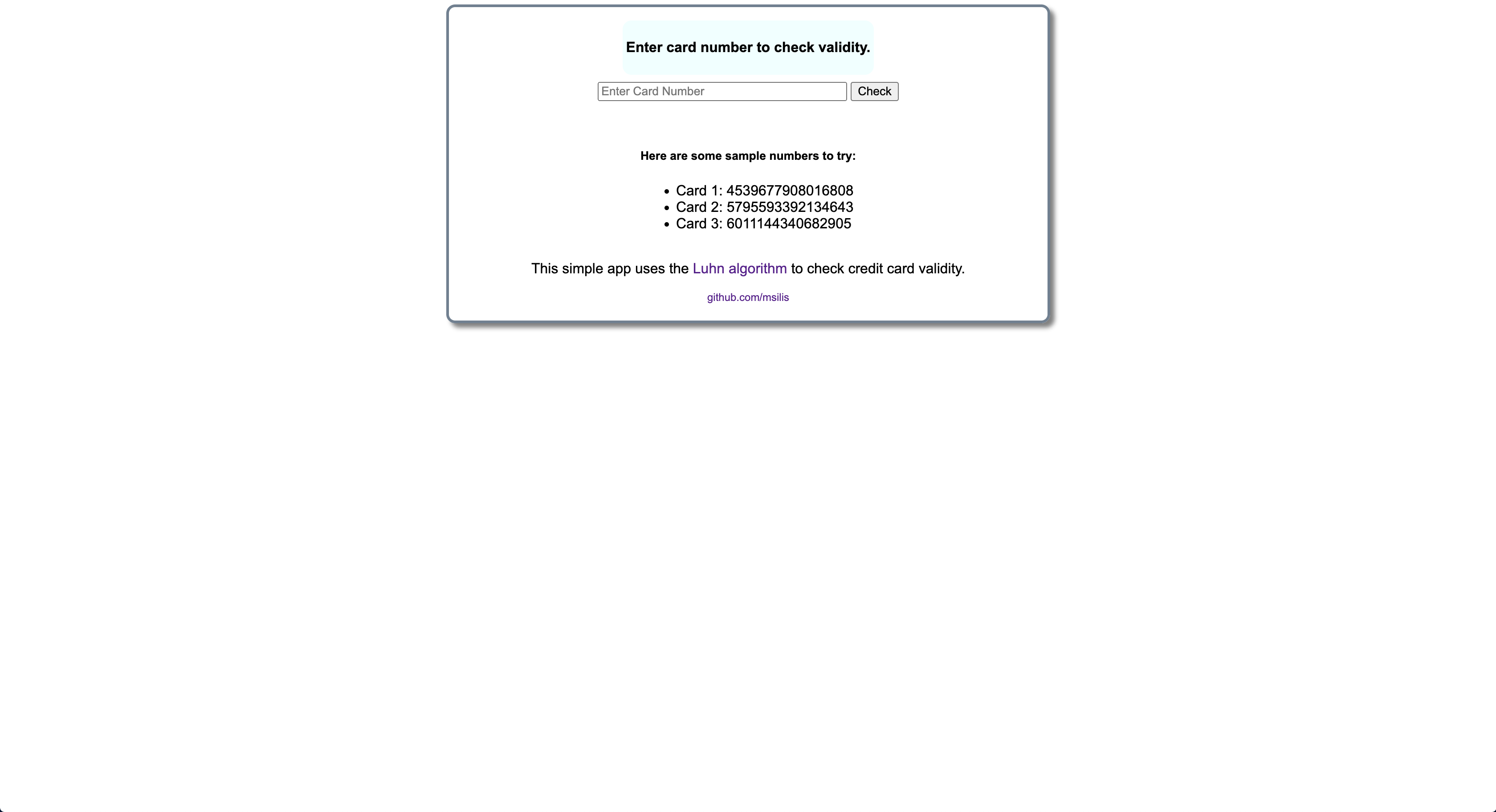 Screenshot of credit card checker application